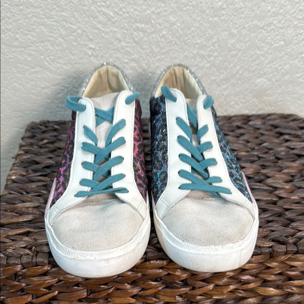 Dolce Vita Women White Sneakers with Glitter‎ Leopard Print Teal Laces Size 10 - Picture 2 of 7